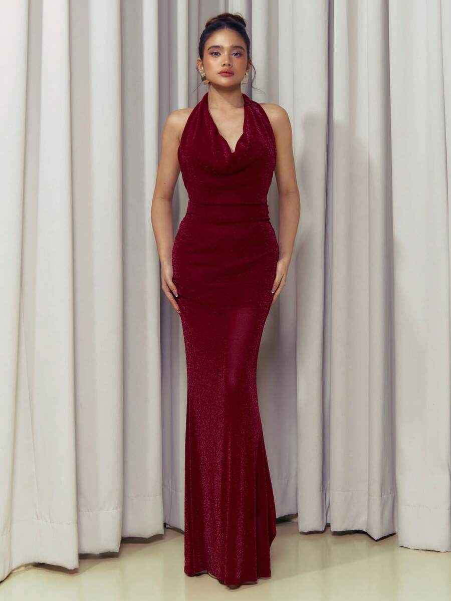 Criza Taa Damen Burgunderrot elegantes, sexy Partykleid, mit Metallfaden drapierter Ausschnitt, tief ausgeschnittenes figurbetontes Meerjungfrauenkleid für Silvester - Bordeaux - Übersicht 1