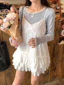 DAZY Women's Casual Solid Color Ruffle Hem Camisole Top, Summer - White - View 6