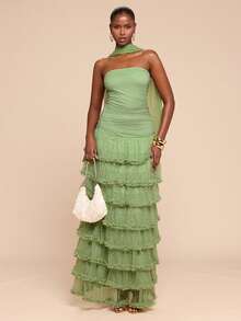 SHEIN BAE 春夏纯色绿色优雅荷叶边无袖鸡尾酒礼服，适合鸡尾酒会、浪漫约会、聚会、正式活动、伴娘礼服、情人节礼服、绿色连衣裙、伴娘礼服、生日派对礼服 - 綠色 - 查看 6