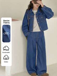 2pcs Tween GirlsNavy Blue Denim Lapel Long Sleeve Loose Pants Set - Medium Wash - View 6