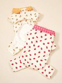 PETSIN 1件宠物狗毛绒棉质外套，保暖舒适，红色草莓图案印花，可爱高领可拖拽狗狗四肢连体衣外套 - 草莓白色 - 查看 2