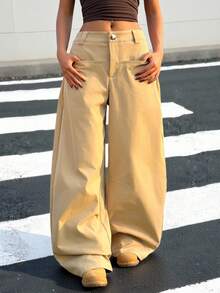 Muchica Women's Casual Khaki Wide Leg Pants For Going Out Outfits, Streetwear, Baggy Pants - Brown - View 4
