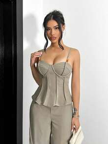 Shopreo Fall Holiday Party Old Money Outfit Rave Festival Outing Swim Vacation Elegant Easter Bohemian BOHO Sea Beach Hot Outdoor Richly Layered Wedding Season Banquet Coming Of Age Ceremony Beach Seaside Beaded Strap Decorative Top And Wide-Leg Pants Elegant Loose Women's Suit Set Formal  Pant Suit Summer Sets Elegant Two Piece Set - Green - View 5