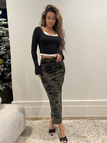 RebeccaVibe Camo Print Knot Front Pencil High Waisted Skirt - Multicolor - View 1