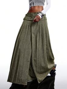 LYSMO Chân váy xếp ly cạp thấp thời trang công sở dành cho nữ - xanh quân đội - Xem 4