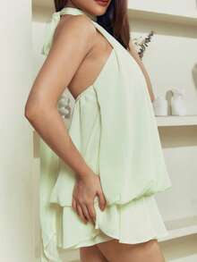 Criza Taa 女士雪纺优雅奶油黄露背系带迷你连衣裙，女士约会连衣裙，女士夜间外出连衣裙，女士夏季连衣裙，女士蜜月装。女士婚礼宾客连衣裙。海岛度假装，女士婚礼宾客连衣裙，女士太阳裙，优雅派对连衣裙，女士生日连衣裙 - 淡黃色 - 查看 4