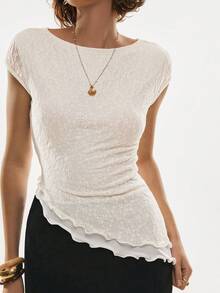 Poéselle 女士纯色极简蕾丝拼接短袖上衣 - 杏色 - 查看 1