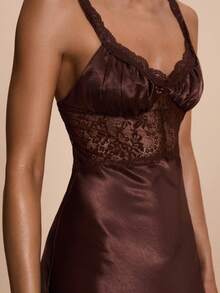 SHEIN BAE Spring/Summer Solid Brown Lace-Trimmed Satin Fishtail Elegant Women's Dress,,Brown Dress,Elegant Dresses,Birthday Dress ,Wedding Guest Dress,Valentine's Day,Summer Dress - Brown - View 6