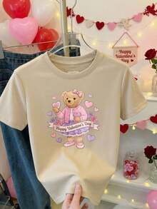 Camiseta de algodón suave con estampado de oso de peluche con corazón y texto Happy Valentine's Day para mujer ideal para celebraciones románticas y festividades del Día de San Valentín - Albaricoque - Ver 8