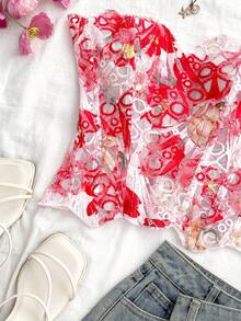 Soleia Top corset bustiê sexy com ombros à mostra, em renda dupla camada, body romântico com bordado floral vazado, ideal para férias, saídas à noite, casamentos e outono. - Multicolorido - Ver 3