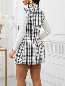 SHEIN Lady Women's Plaid Lapel NeckDouble-Breasted Sleeveless Jacket And Mini Skirt Elegant 2 Pieces Set - Multicolor - View 2