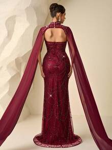 Coutiva Elegant Sequin Beaded 2-Piece Set Luxury Strapless Slim Mermaid Evening Dress,Heavy Workmanship Formal Gown For Wedding Guest,Party & Graduation - Burgundy - View 3