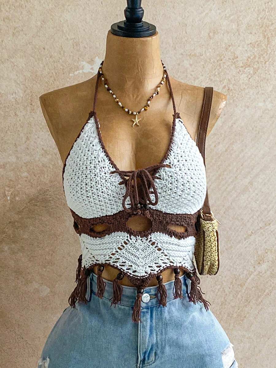Soleia Blusa de punto con cuello halter, espalda descubierta y bajo con flecos en patchwork de colores contrastantes para mujer - Multicolor - Ver 1