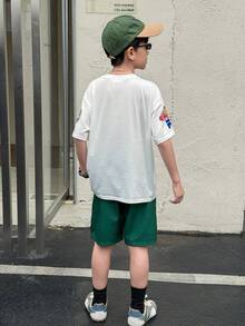 SHEIN 两件套男童休闲简约字母印花短袖圆领套装，适合夏季、街头风、日常穿着、上学、旅行和运动。 - 彩色 - 查看 6