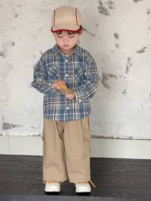 Dazy Kids 男童格子领休闲长袖上衣 - 藍色 - 查看 6