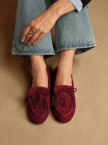 Rosivie Giày lười nữ đế bằng thời trang có nơ và tua rua. - Màu Hoa hồng đỏ - Xem 5