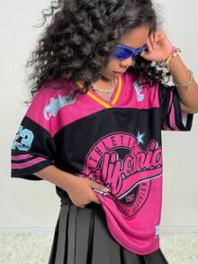 Coolane Kids 少女宽松V领短袖数码印花T恤 - 彩色 - 查看 3