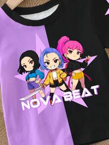 Young Girl Casual Creative Personalized Refreshing Cool Minimalist Cute Virtual Girl Group Pentagram Black Purple Patchwork Lettering Graphic Print Cozy Summer & Fall Basic Short T-Shirt, Comfortable Daily T-Shirt Anime Clothing Girls Anime T Shirt Kawaii Clothes Girls Street Wear Nova Beat
