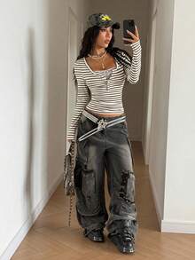 StreetHx 女士秋季蕾丝边饰叠层长袖条纹T恤