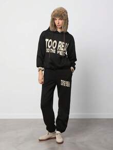 SURIMA 2pcs Women Black Casual Minimalist Hoodie Sweatshirt And Sweatpants Set, Streetwear