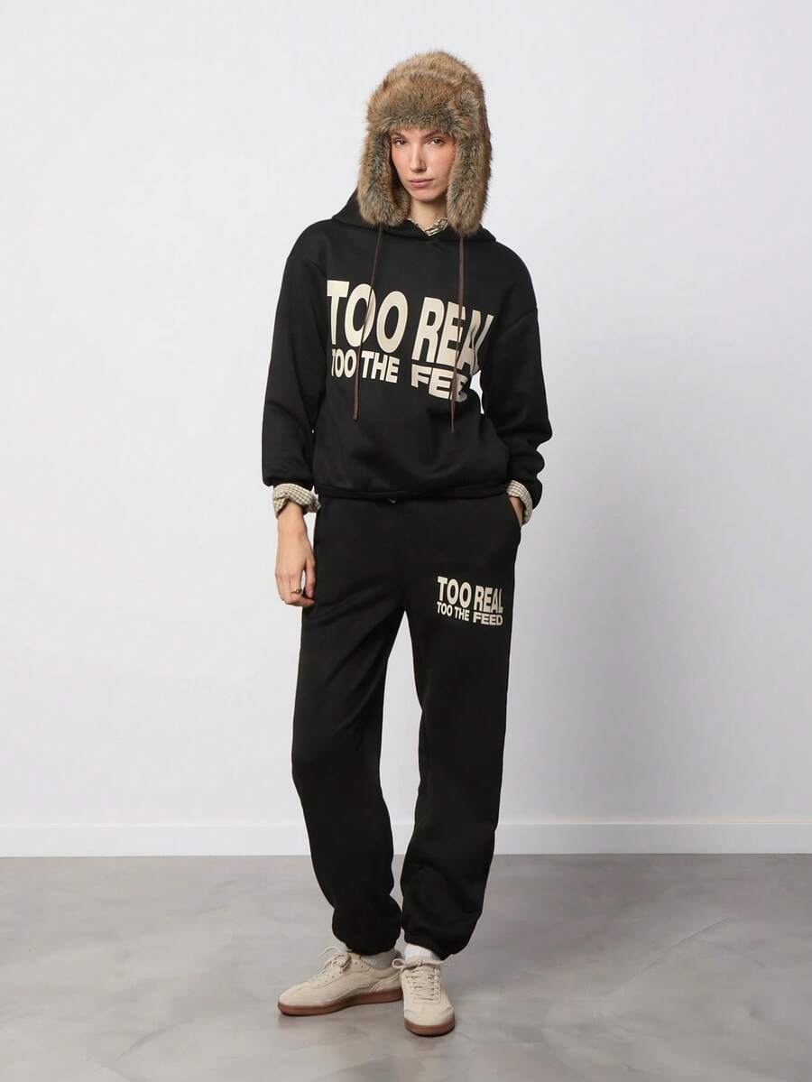 SURIMA 两件套女士休闲简约连帽卫衣和运动裤套装 - 黑色 - 查看 1