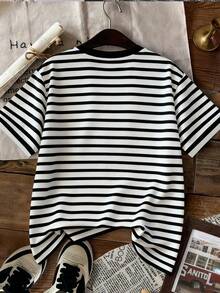 Áo thun tay ngắn kẻ sọc màu tương phản thời trang thường ngày dành cho nữ - màu đen - Xem 2