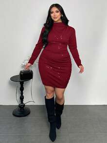 Firerie Plus Size Burgundy Autumn Elegant Sequin Striped Long Sleeve Mini Dress, Ruched Slim Fitted Elastic Mermaid Style For Weddings, Galas, Dates - Burgundy - View 6