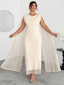 Firerie Plus Size Elegant Comfortable Casual New Dress, Suitable For Party, Gathering, Date, Ball, Holiday, High-End Occasions, Afternoon Tea, Elastic Mesh Plunging Neck Waist Cinched Long Sleeve Dress, Spring/Summer/Autumn/Winter Cream Dress Plus Size  Curve Elegant Dress Dress With Cape Spring Outfit Women Spring Dress For Women - Apricot - View 5