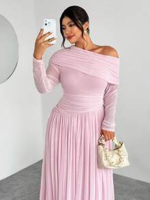 Firerie 大码优雅通勤纯色不对称领连衣裙 - 粉色 - 查看 2