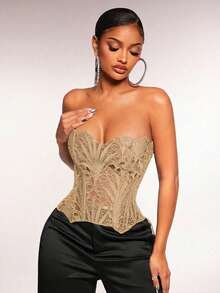 Radiana 优雅性感纯色蕾丝束身塑形上衣 - 米色 - 查看 4