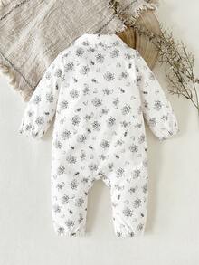 SHEIN Baby Girls' Cute Ditsy Floral Full-Length Jumpsuit With Collar, Front Opening, Ruched Details, Elastic Cuffs And Hem, Long Sleeve, Spring/Autumn - White - View 2