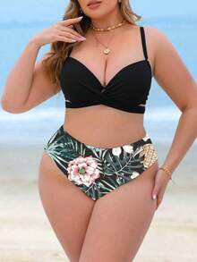 Swim Vcay Plus Size 3pcs Padded Ruched Printed Swimsuit Set, Beach Vacation Style - Multicolor - View 5