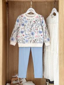 Vintaside Kids Bộ áo nỉ dài tay và quần legging gân màu vàng ombre họa tiết hoa dành cho bé gái, trang phục thời trang và dễ thương cho mùa xuân/thu. - Màu xanh lam - Xem 3