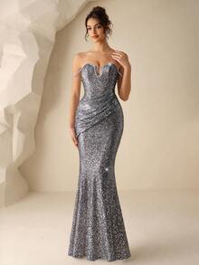 Coutiva Elegant Sequin Strapless Mermaid Party Dress - Grey - View 4
