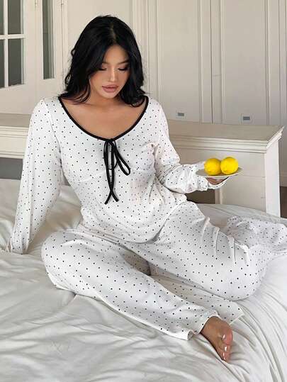 Dazy Plus 大码女式波点弹力修身撞色系带长袖上衣和直筒长裤休闲睡衣套装