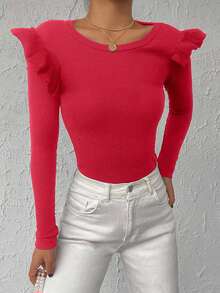 EURMUSE 95% Cotton Ribbed Knit Ruffle Trim Tee - Hot Pink - View 4