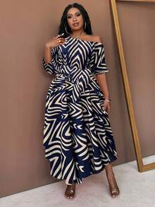 Maweii 大码女式夏季条纹印花不对称领带不对称下摆优雅连衣裙，适合通勤、休闲、商务、办公、日常穿着，百搭时尚，都市风情。 - 彩色 - 查看 3