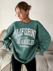 EURMUSE Cotton Letter Print Drop Shoulder Sweatshirt - Green - View 4