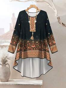 Lacomfia 女士加大码复古花卉植物印花春季时尚圆领长袖不对称下摆宽松上衣和裤子两件套 - 彩色 - 查看 4