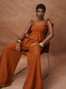 Zivah 2026春夏新款音乐节、复活节、圣帕特里克节、情人节、约会、西部风、游牧风、波西米亚风、通勤风吊带荷叶边露脐上衣搭配松紧腰阔腿裤两件套游艇装女装夏季度假装女式沙滩裤两件套女式游艇休闲装 - 棕色 - 查看 10