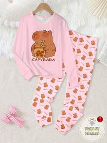 少女甜美可爱优雅休闲舒适日常粉色水豚卡通涂鸦图案圆领针织弹力面料紧身长袖上衣和裤子两件套睡衣套装