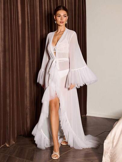 SHEIN Luxury Women's Robe, Extra Long & Oversized Skirt Hem For Elegant Look, Puff Sleeves & Ruffle Hem Sheer Robe Jacket Sheer Nightgown Bride Wedding Season