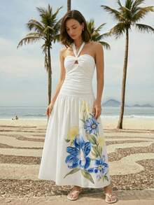 CAJUNI 女士碎花荷叶边露背度假连衣裙 - 米色 - 查看 6