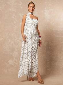 Lumalex Women's Elegant White Base Black Dot Sexy Strapless Ruched Slit Design Sleeveless Fitted Flared Dress, Spring/Summer - Black and White - View 5