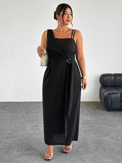 Firerie 大码休闲优雅度假百搭日常百搭简约弹力针织修身时尚不对称领设计吊带金属扣女士直筒H型连衣裙，春夏款