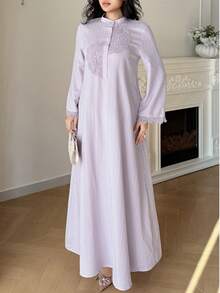 Yasmyna 女士纯色简约长袖阿拉伯风格连衣裙，日常穿着 - 淺灰紫 - 查看 6