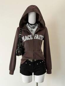 Jeanoix Women's Casual Letter Embroidered Thermal Lined Zip-Up Sweatshirt, Autumn - Multicolor - View 3