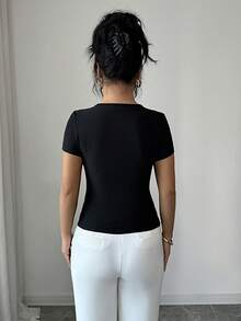 Elenzga Women's Solid Color Metal Decor Ruched Asymmetrical Hem Fashionable Versatile Date Short Sleeve T-Shirt - Black - View 2