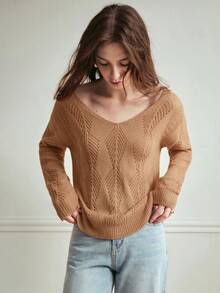 Écloséra Áo len chui đầu tay dài cổ chữ V khoét rỗng màu trơn đơn giản đa năng - màu nâu - Xem 3