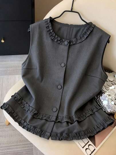 Franclia Plus Size Women Elegant Vintage Style Woven Plain Sleeveless Tank Top With Round Neck And Ruffle Trim, Spring/Summer French Style Clothes Tops For Women Elegant Cute Black Tops Vest Dark Grey Top